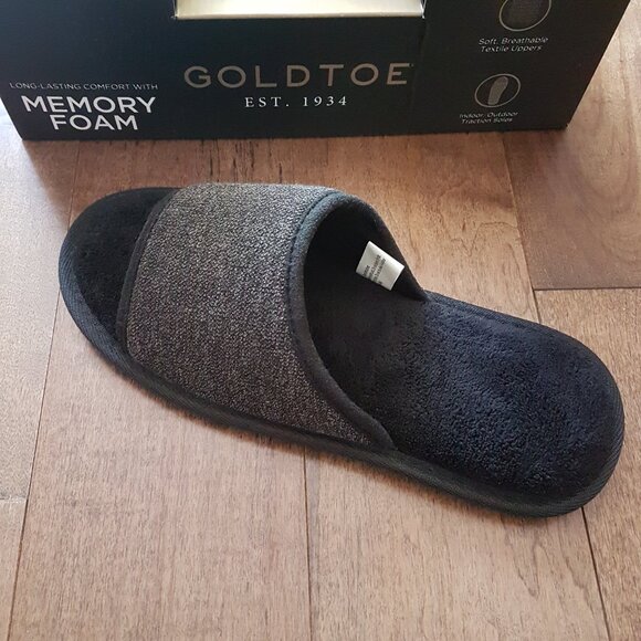 GoldToe Men's Memory Foam Open-Toe Indoor/Outdoor Black/Dark Gray Slippers, S - Picture 8 of 12